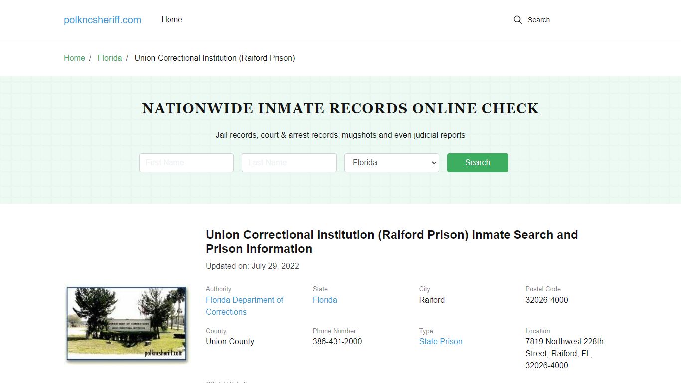 Union Correctional Institution (Raiford Prison) Inmate Search ...