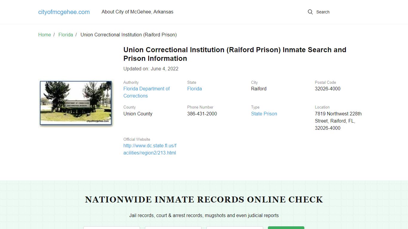 Union Correctional Institution (Raiford Prison) Inmate Search ...